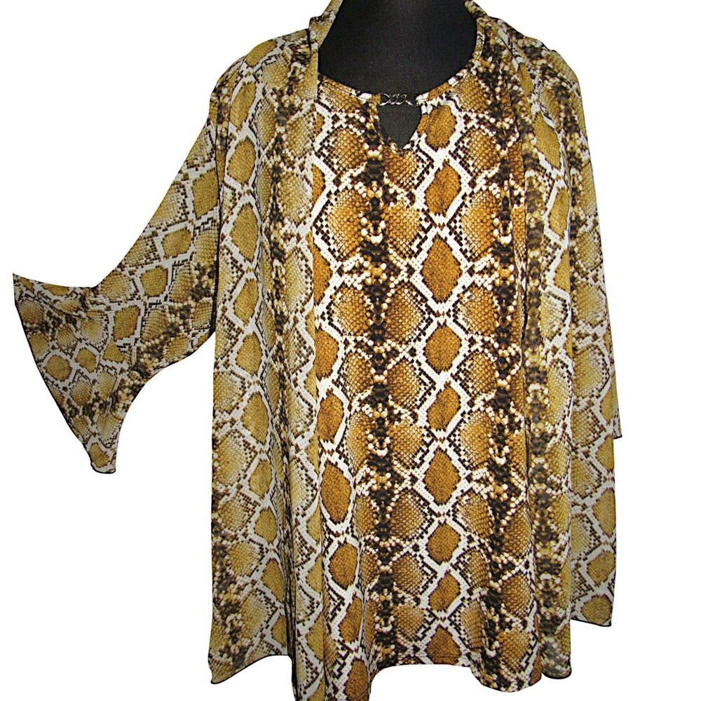 Atelier 29 Silky Stretchy Snake Print Bell Sleeve Blouse Plus Size 3X